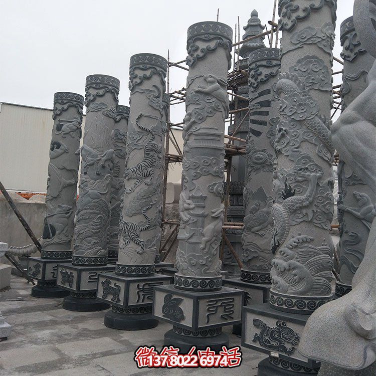 精美石雕十二生肖浮雕，傳承文化，點綴廣場柱子