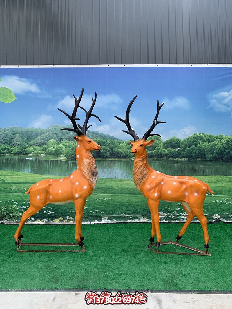 公園不銹鋼創意兩只玻璃鋼彩繪梅花鹿雕塑 公園不銹鋼創意兩只玻璃鋼彩繪梅花鹿雕塑