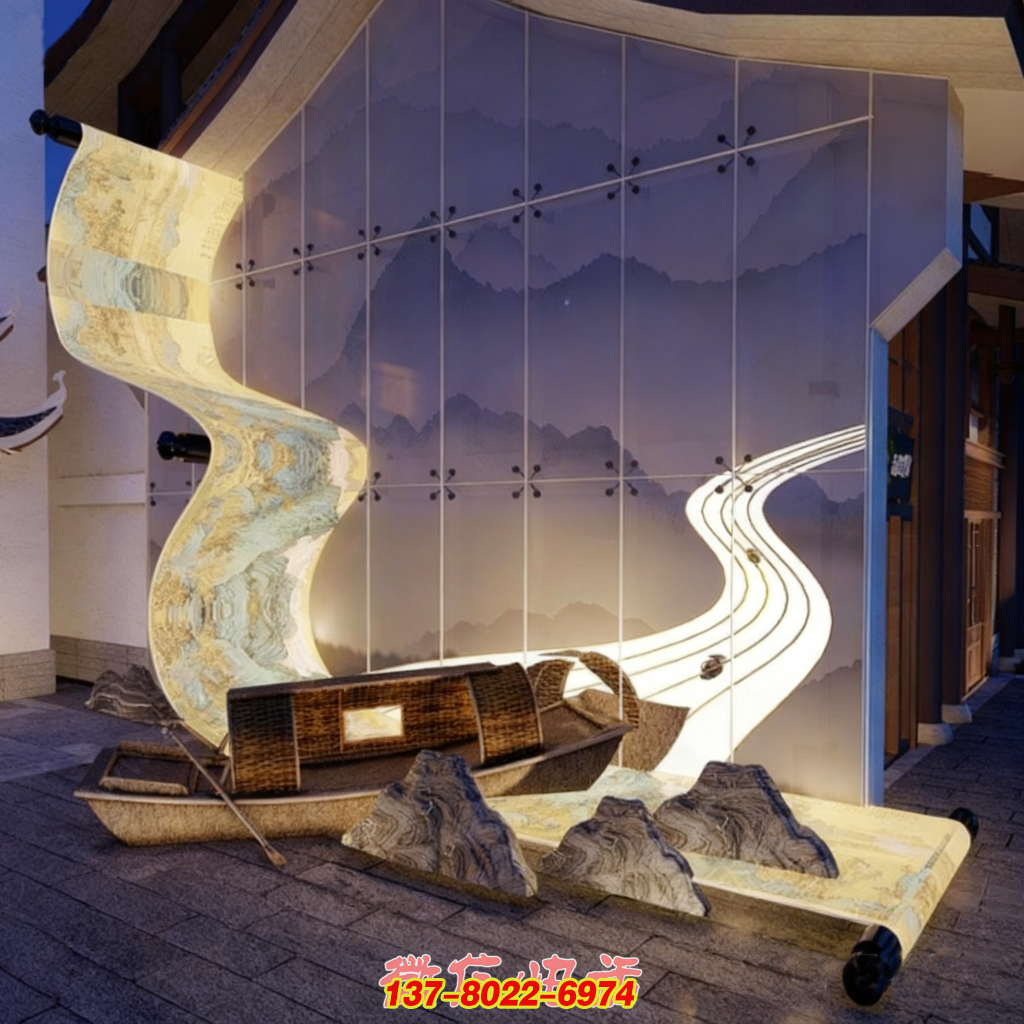 《絲路舟行》石雕與不銹鋼結合景觀雕塑